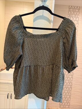 LOFT Olive Green Smocked Square-Neck Peasant Top